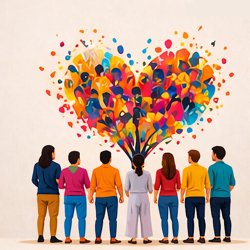 Cartoon illustration of six diverse people holding balloons